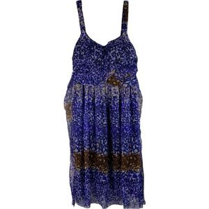 California Woman Blue Brown Leopard Animal Print Sleeveless Summer Dress L